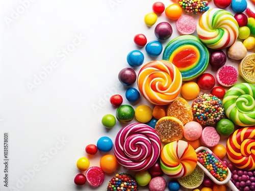 Colorful Candies and Sweets Assortment on White Background - Wrapped Candies, Lollipops, Striped Hard Candies, Festive Treats Perfect for Celebrations, Parties, and Sweet Tooth Cravings