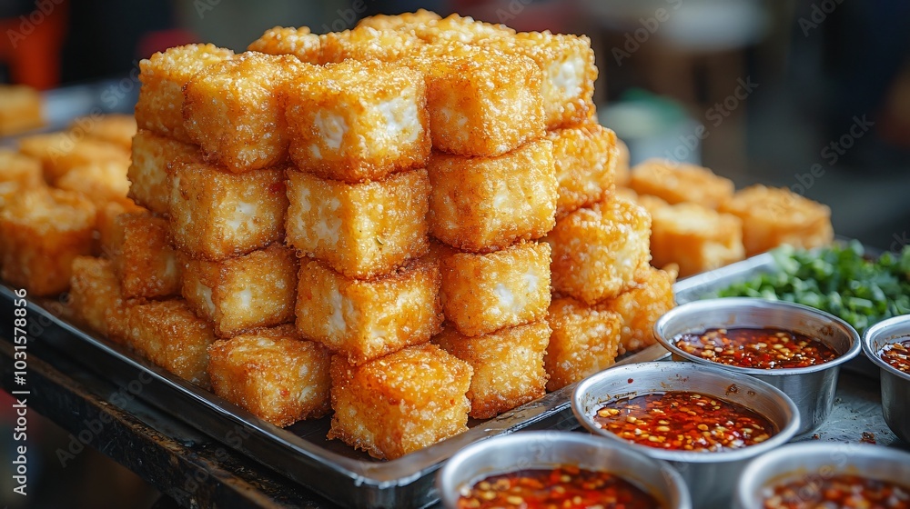 Golden, crispy deep-fried tofu stacked high on a street vendor’s tray, with spicy chili sauce dipping bowls in the foreground. Golden, crispy deep-fried tofu stacked high on a street vendor’s tray, with spicy chili sauce dipping bowls in the foreground.