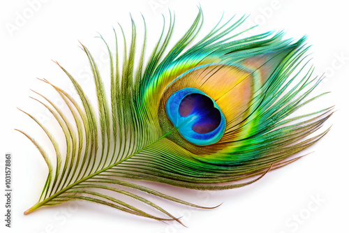 vibrant peacock feather. White background photo