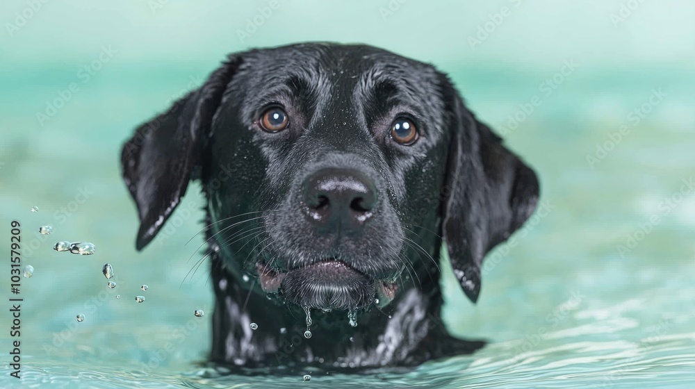 A close-up of a black dog swimming in water, with droplets glistening around its face, showcasing a curious expression.