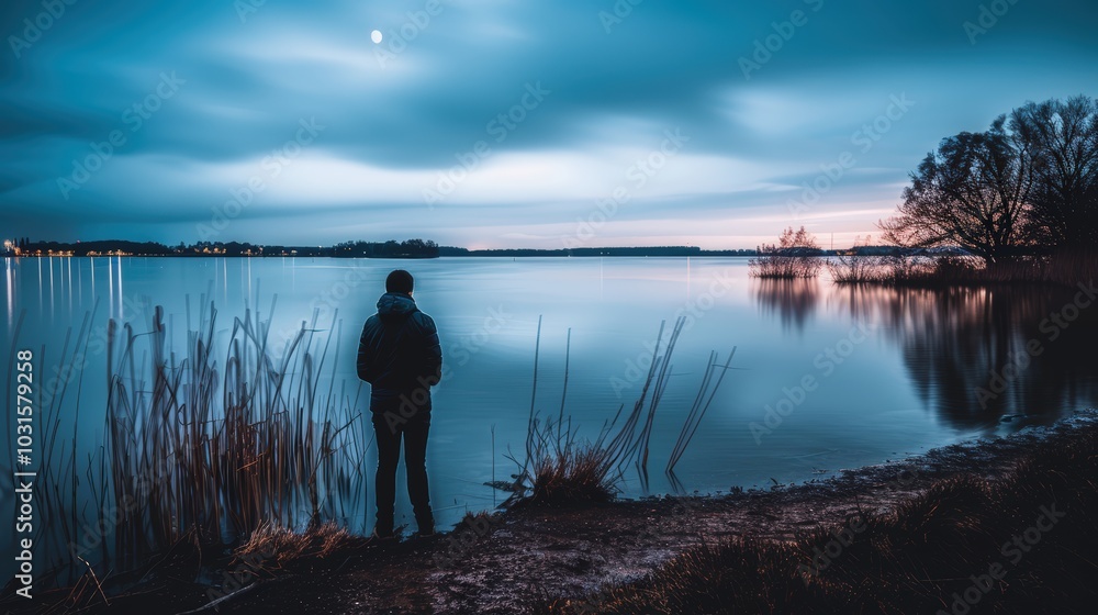 Tranquil Lakeside Scene at Dusk with Moonlight Tranquil Lakeside Scene at Dusk with Moonlight