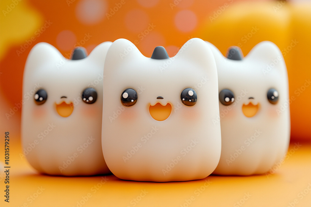 Three cartoon white creatures. pumpkins, ghosts. Three cartoon white creatures. pumpkins, ghosts.