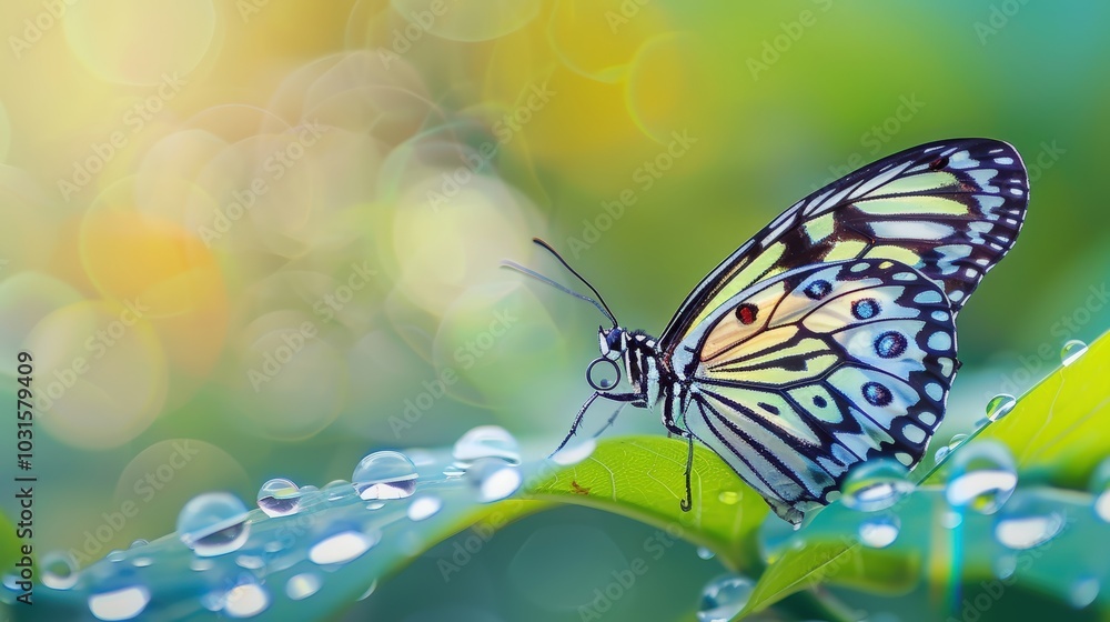 Fototapeta premium Colorful Butterfly on Dewy Leaf in Nature Scene