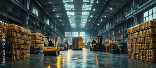 Two forklifts working in a large warehouse with rows of stacked pallets.