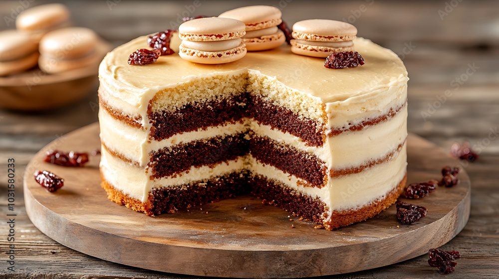 Delicious Vanilla Cake with Macarons and Berry Garnish Delicious Vanilla Cake with Macarons and Berry Garnish