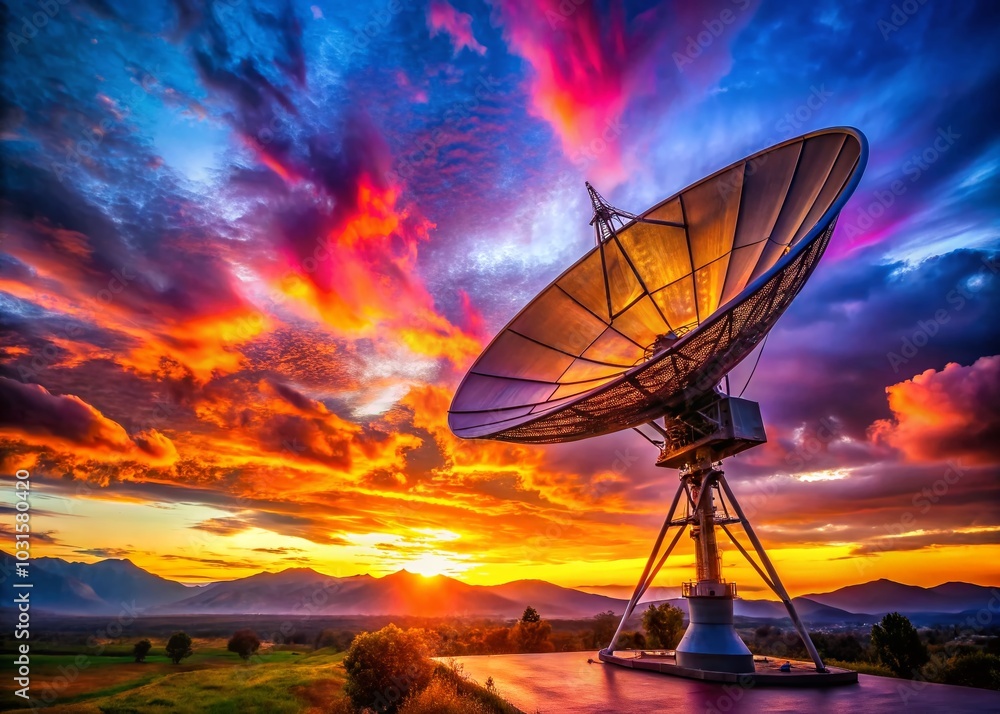 Satellite Dish Illuminated by Glowing Network Connection at Sunset - Evening Sky Photography Satellite Dish Illuminated by Glowing Network Connection at Sunset - Evening Sky Photography