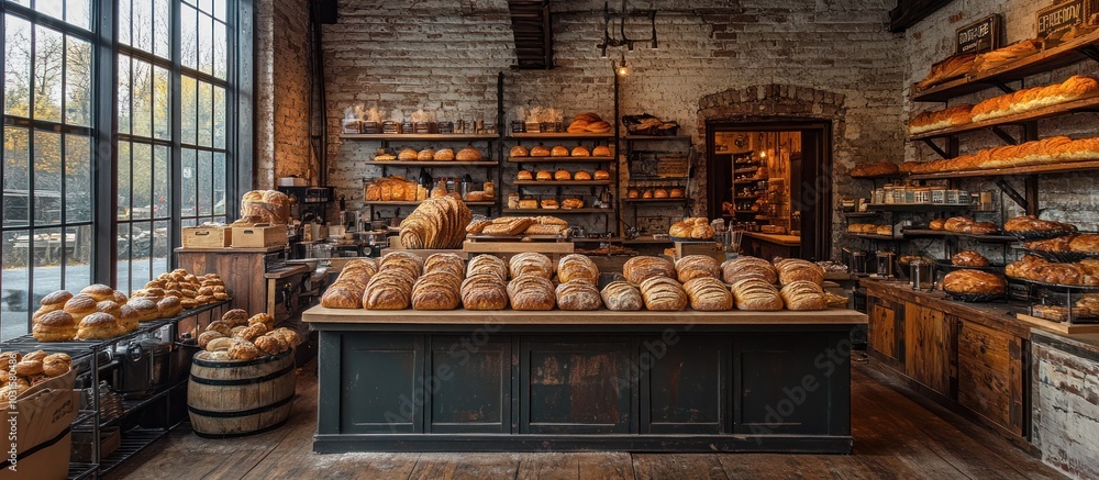 Freshly baked loaves of bread displayed in a rustic bakery with exposed ...