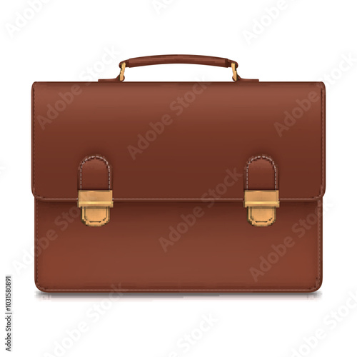 Brown business briefcase with handle and golden metallic zipper realistic vector illustration