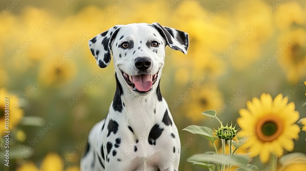 A playful Dalmatian sits among vibrant sunflowers, exuding joy and charm in a sunny field. A playful Dalmatian sits among vibrant sunflowers, exuding joy and charm in a sunny field.