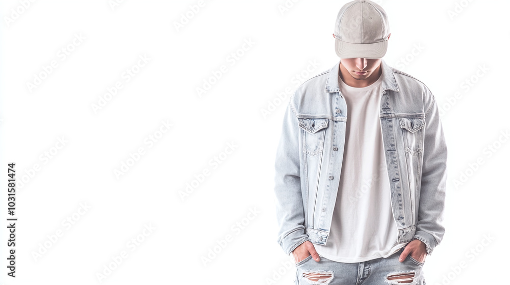 Man in Denim Jacket and White T-Shirt Posing in Studio Man in Denim Jacket and White T-Shirt Posing in Studio