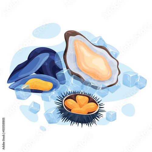 Seafood products oyster mussel sea urchin with ice cubes isometric vector illustration