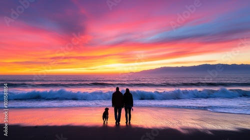 A silhouette of a couple and a dog on the beach against a vibrant sunset, with colorful clouds reflecting on the ocean waves.