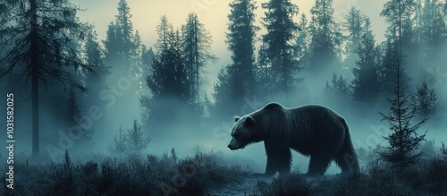 A solitary brown bear walks through a misty forest.
