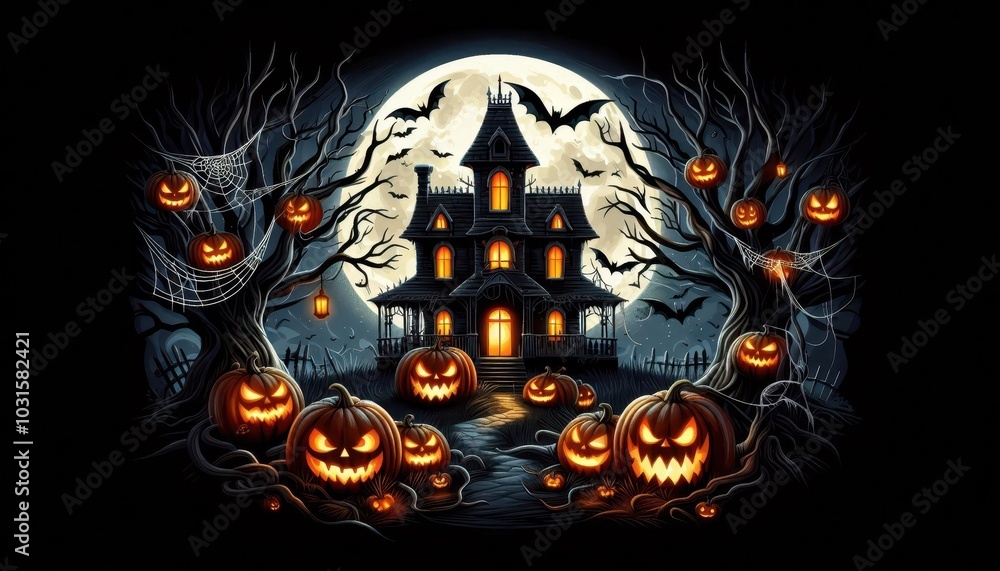 Haunted House with Glowing Pumpkins and Full Moon on Halloween Night Haunted House with Glowing Pumpkins and Full Moon on Halloween Night