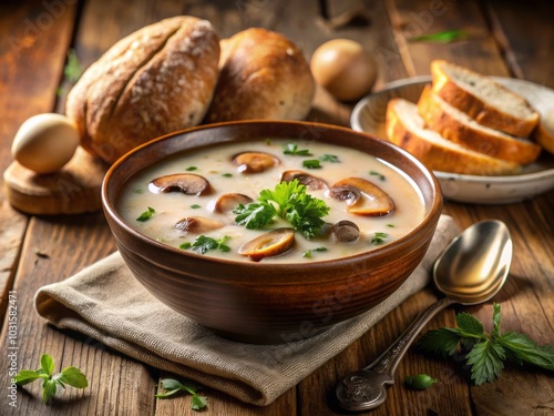 Delicious Creamy Champignon Soup with Freshly Baked Bread – Candid Photography of a Cozy Meal Experience from Above