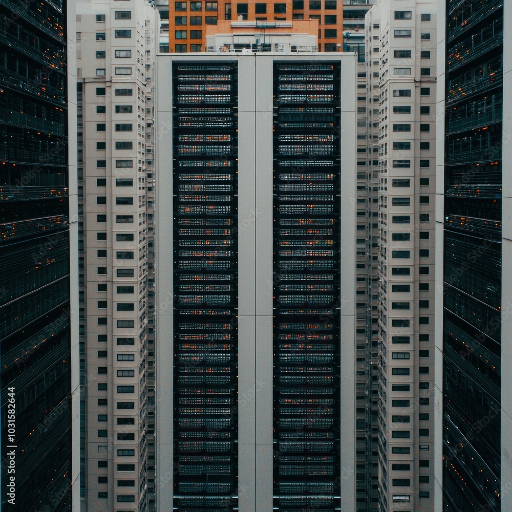 Aerial view of modern high-rise buildings showcasing urban architecture and geometric design in a bustling city environment. Aerial view of modern high-rise buildings showcasing urban architecture and geometric design in a bustling city environment.