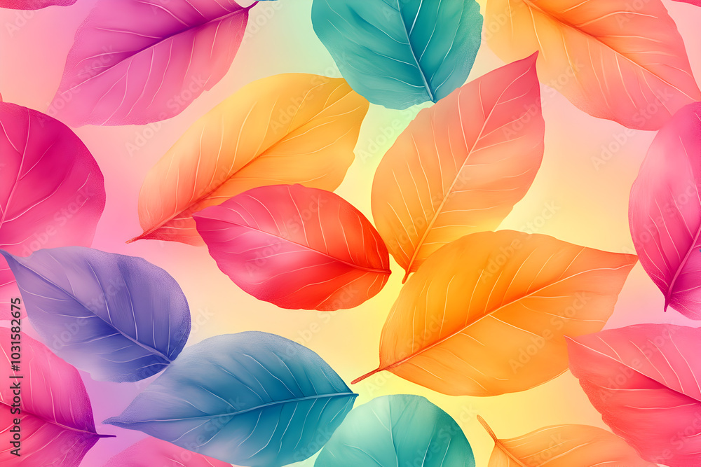 Obraz premium Colorful leaves scattered elegantly on a soft pastel background.