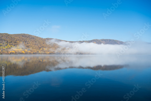 Early morning views of the lake and the mist on the surface of the water