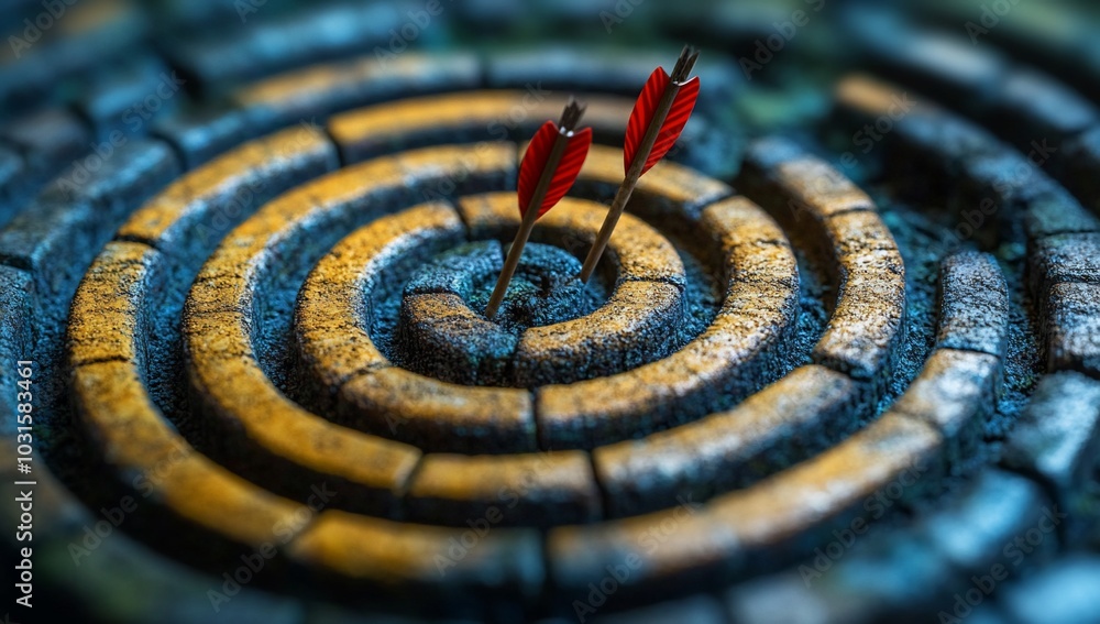 A close-up of a spiral target with two arrows perfectly lodged in the center. A close-up of a spiral target with two arrows perfectly lodged in the center.