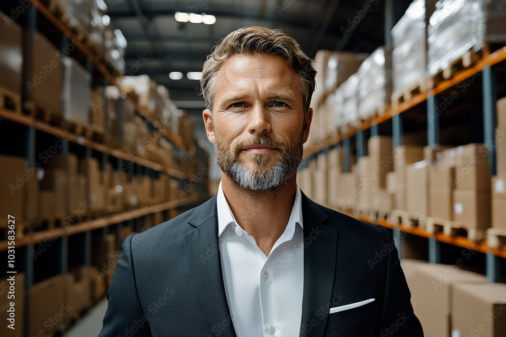 Confident man in a suit standing in a warehouse surrounded by stacked boxes. Confident man in a suit standing in a warehouse surrounded by stacked boxes.