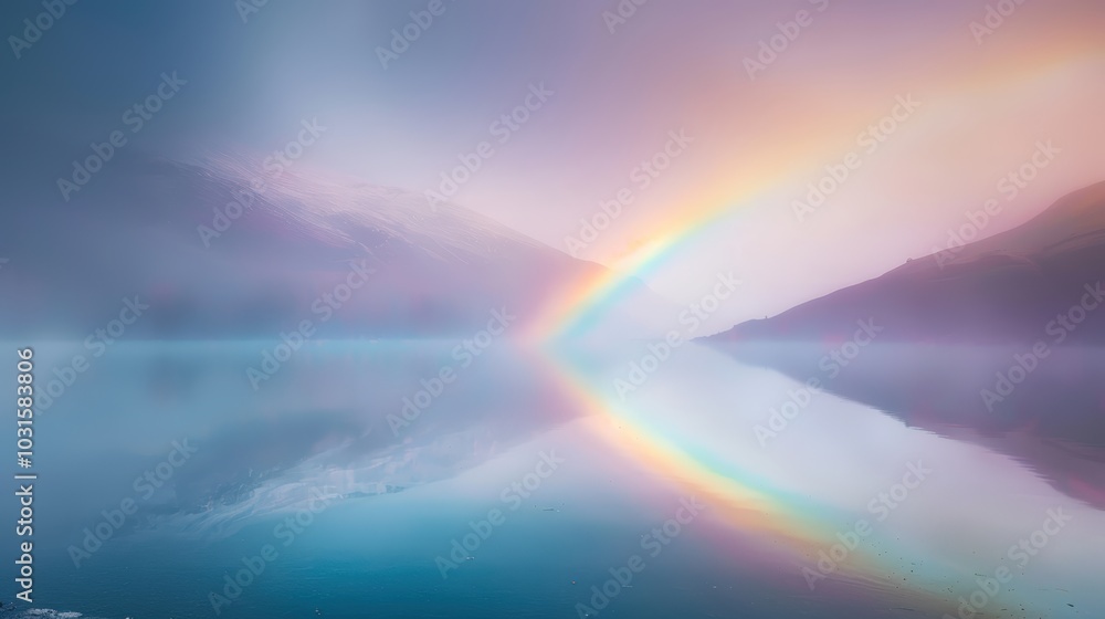 Serene Rainbow Over Misty Lake Landscape Serene Rainbow Over Misty Lake Landscape