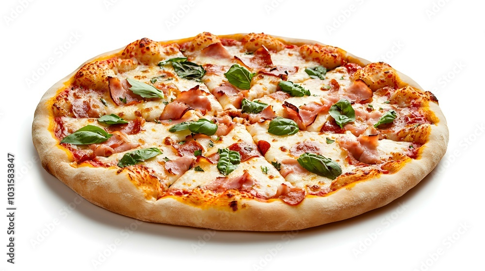 Freshly Baked Pizza with Toppings and Basil Leaves Freshly Baked Pizza with Toppings and Basil Leaves