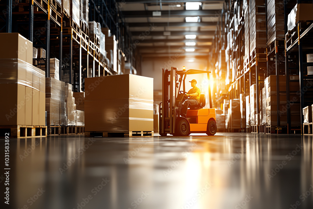 Forklift operator in a warehouse with stacked boxes and ambient ...