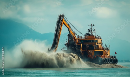 Dredger ship dumping sediment into water. photo