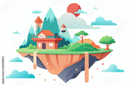 Whimsical Floating Island Vector on White Background