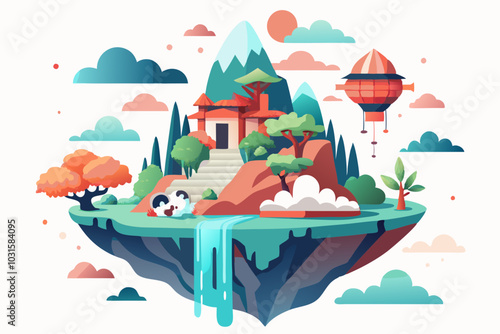 Whimsical Floating Island Vector on White Background