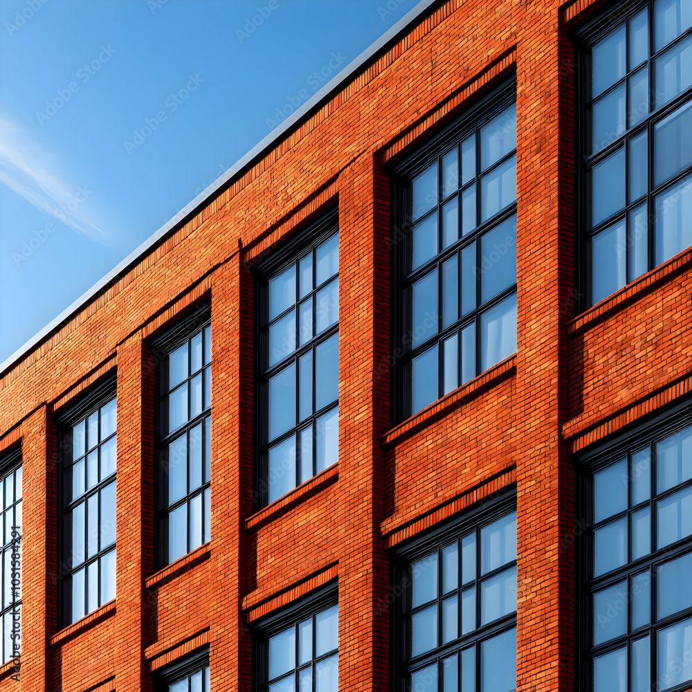 Fototapeta premium Red brick building with large windows against a clear blue sky.