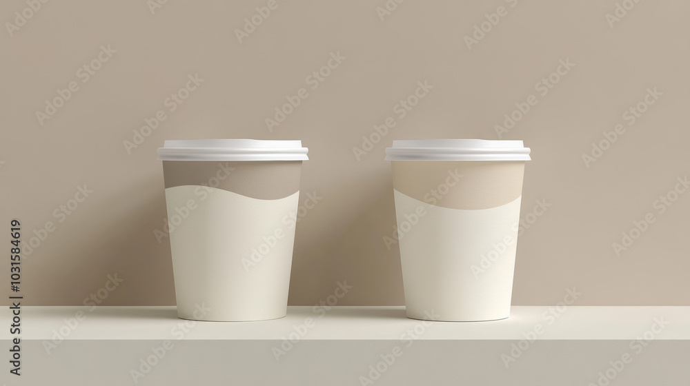 A simple design showing beige and white paper cups, perfect for hot drinks like coffee or tea. A simple design showing beige and white paper cups, perfect for hot drinks like coffee or tea.