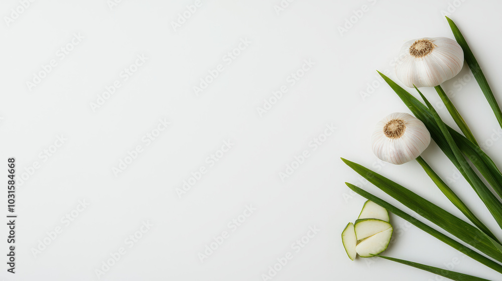 Obraz premium Fresh garlic cloves and green garlic leaves arranged beautifully on light background create vibrant and natural composition. This captures essence of healthy cooking and fresh ingredients