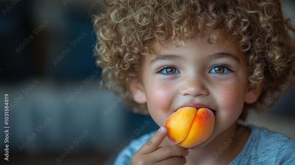 A child joyfully biting into a peach, showcasing innocence and delight.