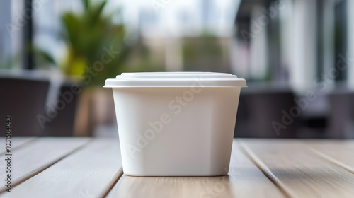 A white container, like the kind used for Chinese takeout, is shown in a picture. It's designed to hold food and is perfect for delivery.