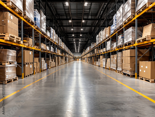 Spacious warehouse interior with rows of shelves filled with cardboard boxes, spacious walkway in the center.