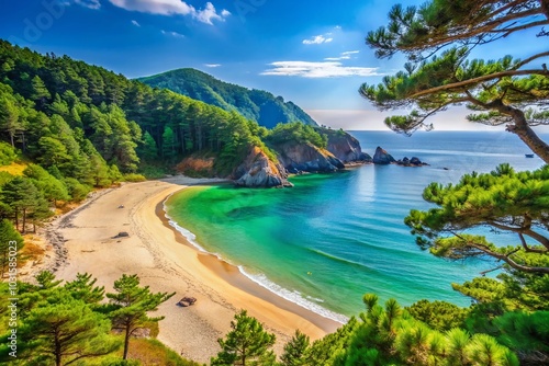 Scenic Unyeo Beach in the West Sea Surrounded by Pine Trees, Perfect for Nature Lovers and Beach Getaways
