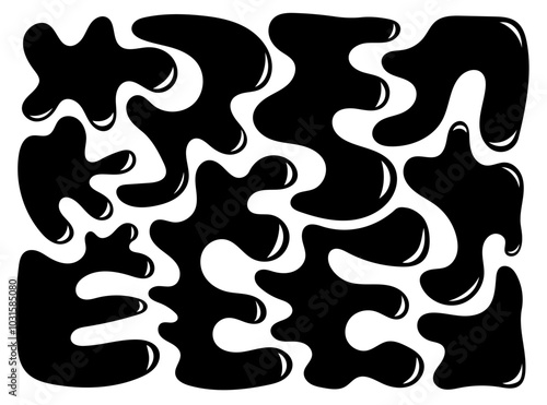 Set of liquid organic shapes. Abstract irregular random blobs. Black wavy bubbles and drops in trendy y2k style.
