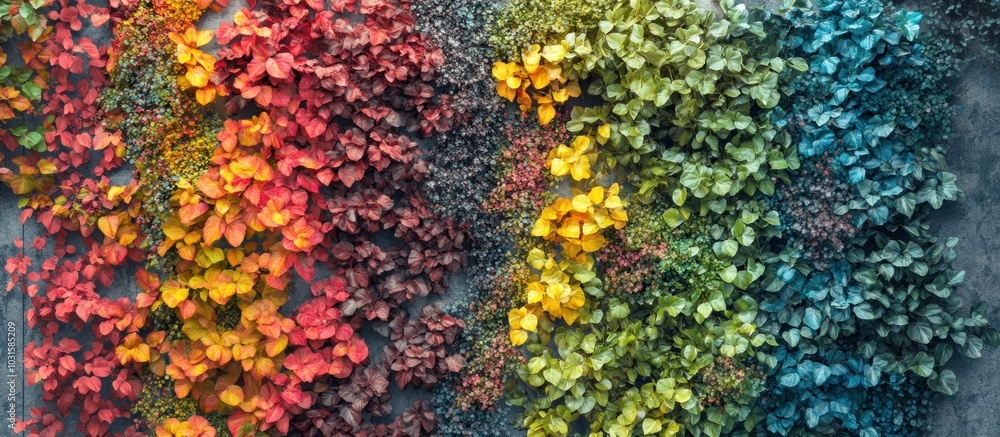 Colorful leaves of a rainbow spectrum in shades of green, yellow, orange, red, and blue. Colorful leaves of a rainbow spectrum in shades of green, yellow, orange, red, and blue.