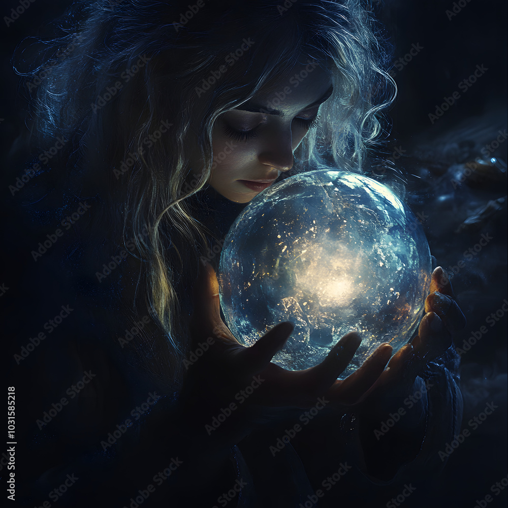 Naklejka premium Mystical woman holding glowing crystal ball in dark night, magical atmosphere, fantasy art, mysterious aura, celestial glow, enchanted sphere, ethereal beauty, spiritual energy