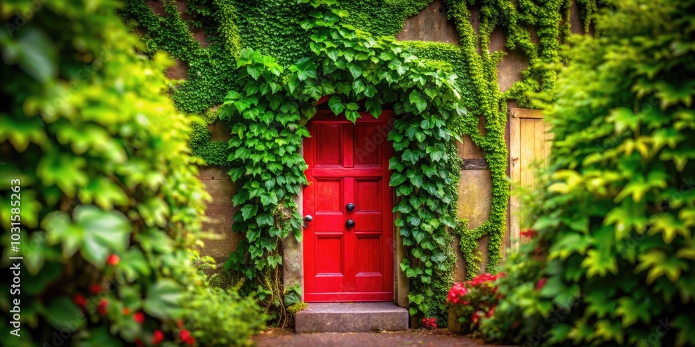 Charming Red Door Framed by Lush Ivy - A Tilt-Shift Photography Perspective Capturing Nature's Embrace Around a Vibrant Entrance, Perfect for Home Decor and Garden Inspiration