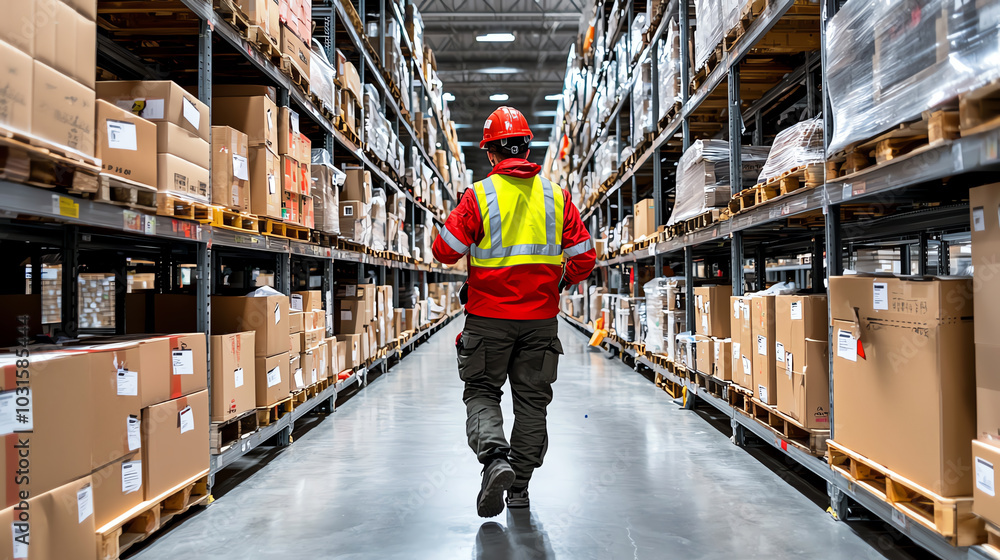 Obraz premium Warehouse worker navigating through aisles filled with cardboard boxes, ensuring efficient organization.