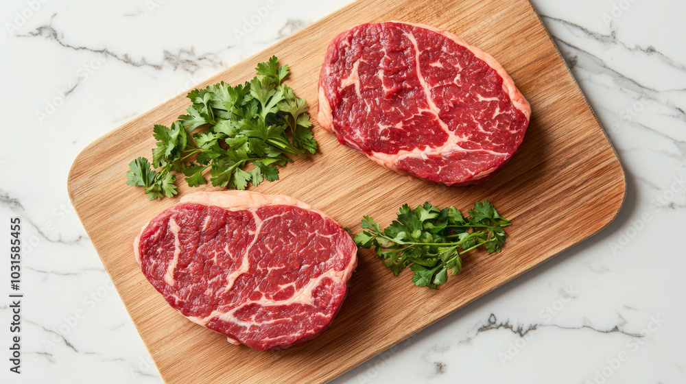 Fresh marbled beef steaks on wooden cutting board with vibrant green herbs, creating delicious and inviting presentation for culinary enthusiasts Fresh marbled beef steaks on wooden cutting board with vibrant green herbs, creating delicious and inviting presentation for culinary enthusiasts