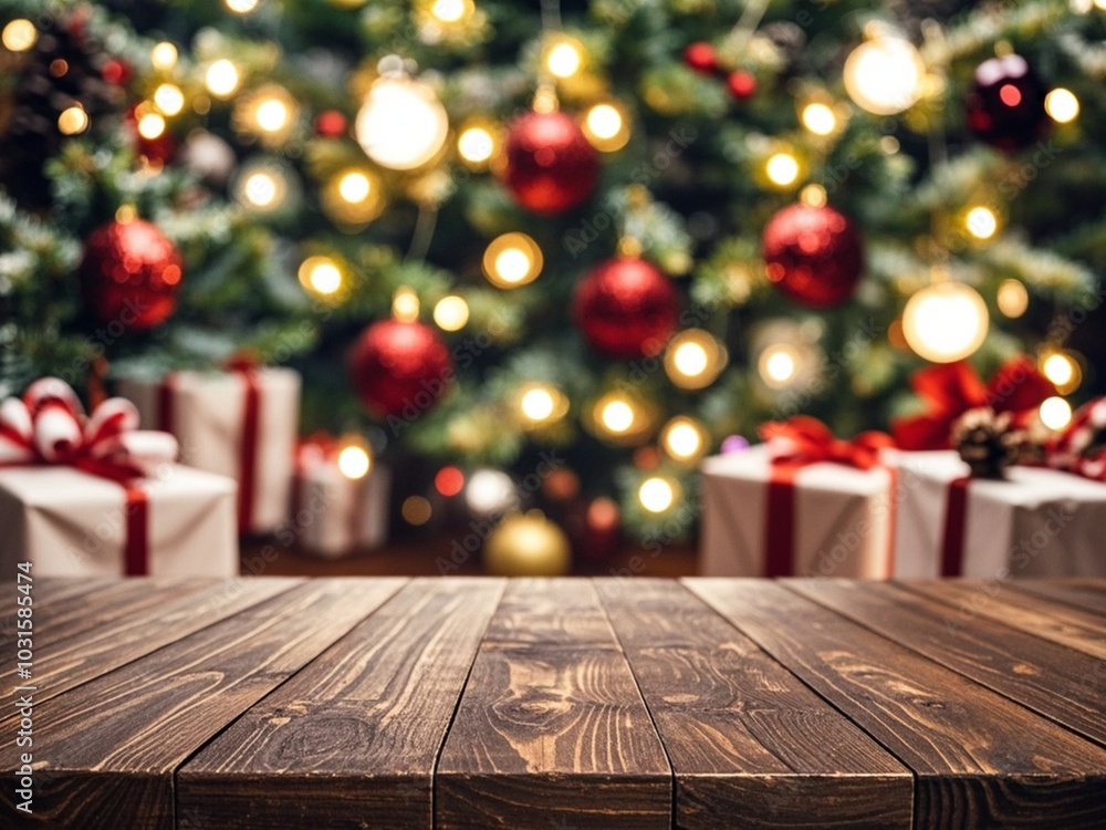 dark brown The empty wooden table top with blur background of Christmas