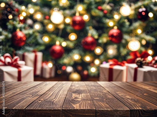 Obraz na płótnie dark brown The empty wooden table top with blur background of Christmas w salonie