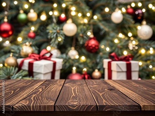 dark brown The empty wooden table top with blur background of Christmas