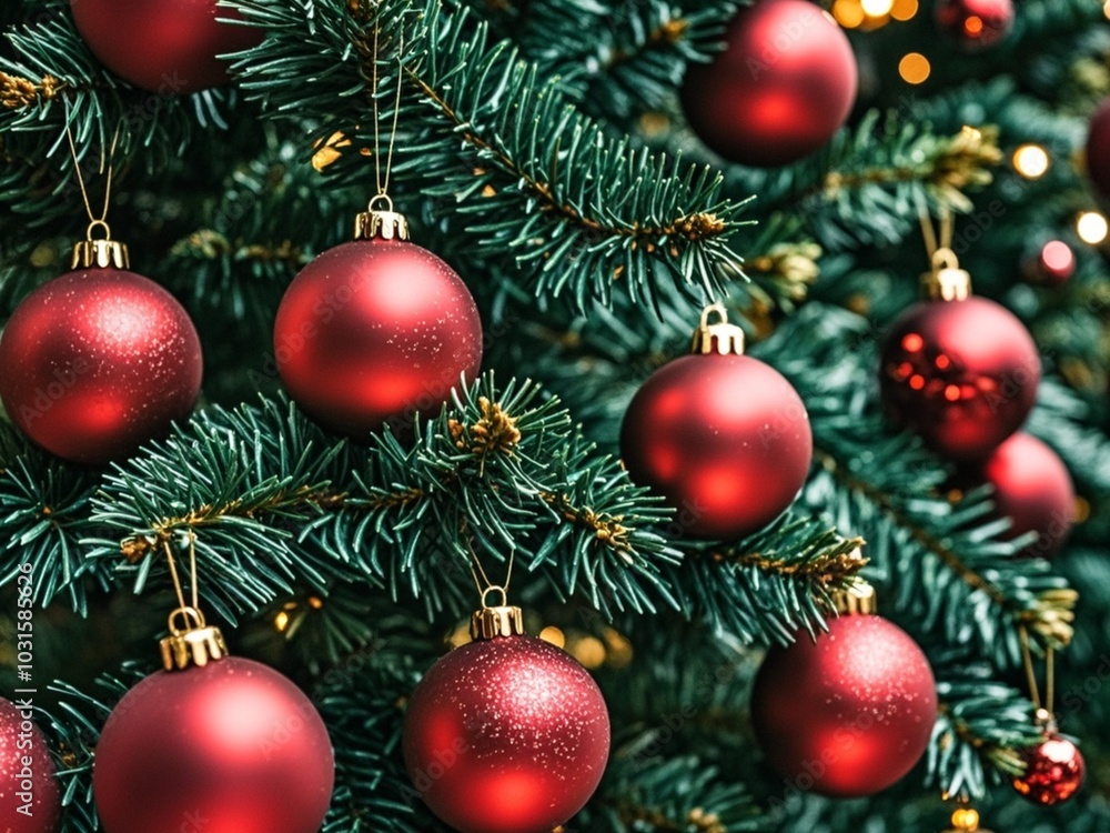 Beautiful festive decorations on the Christmas tree. Close-up. Beautiful Christmas background. The concept of decorations and decor for the new year. New Year's Card 2025