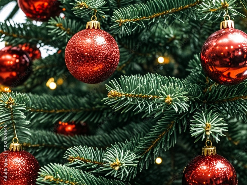 Beautiful festive decorations on the Christmas tree. Close-up. Beautiful Christmas background. The concept of decorations and decor for the new year. New Year's Card 2025