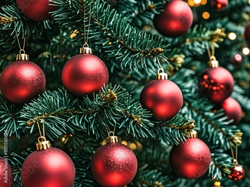 Obraz na płótnie Beautiful festive decorations on the Christmas tree. Close-up. Beautiful Christmas background. The concept of decorations and decor for the new year. New Year's Card 2025 w salonie