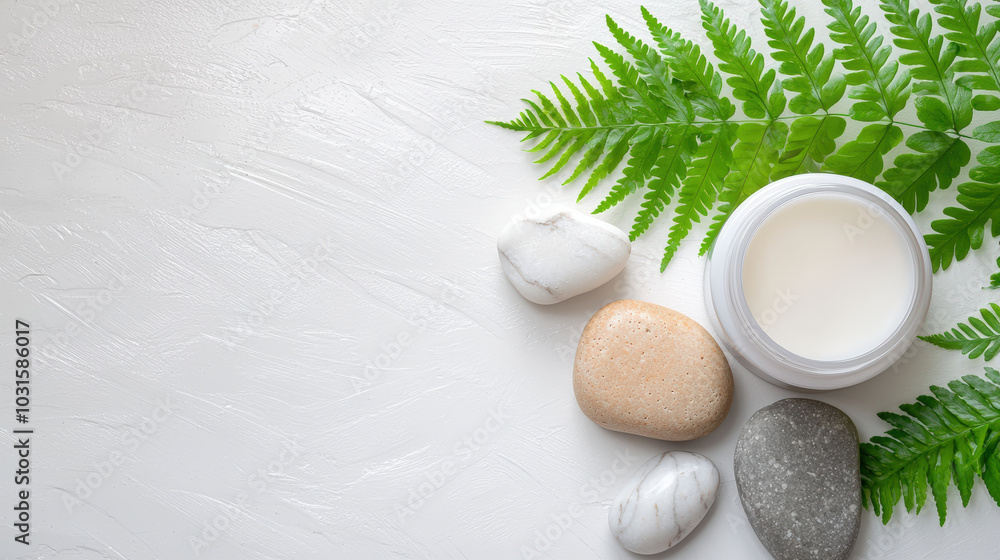 Nourishing cream jar surrounded by smooth stones and lush green ferns, creating serene spa like atmosphere. Perfect for relaxation and self care routines Nourishing cream jar surrounded by smooth stones and lush green ferns, creating serene spa like atmosphere. Perfect for relaxation and self care routines